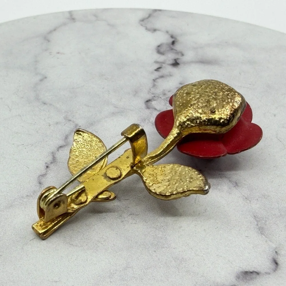 Red Enamel Rose Brooch Gold Tone Flower Pin Romantic Floral Statement Gift